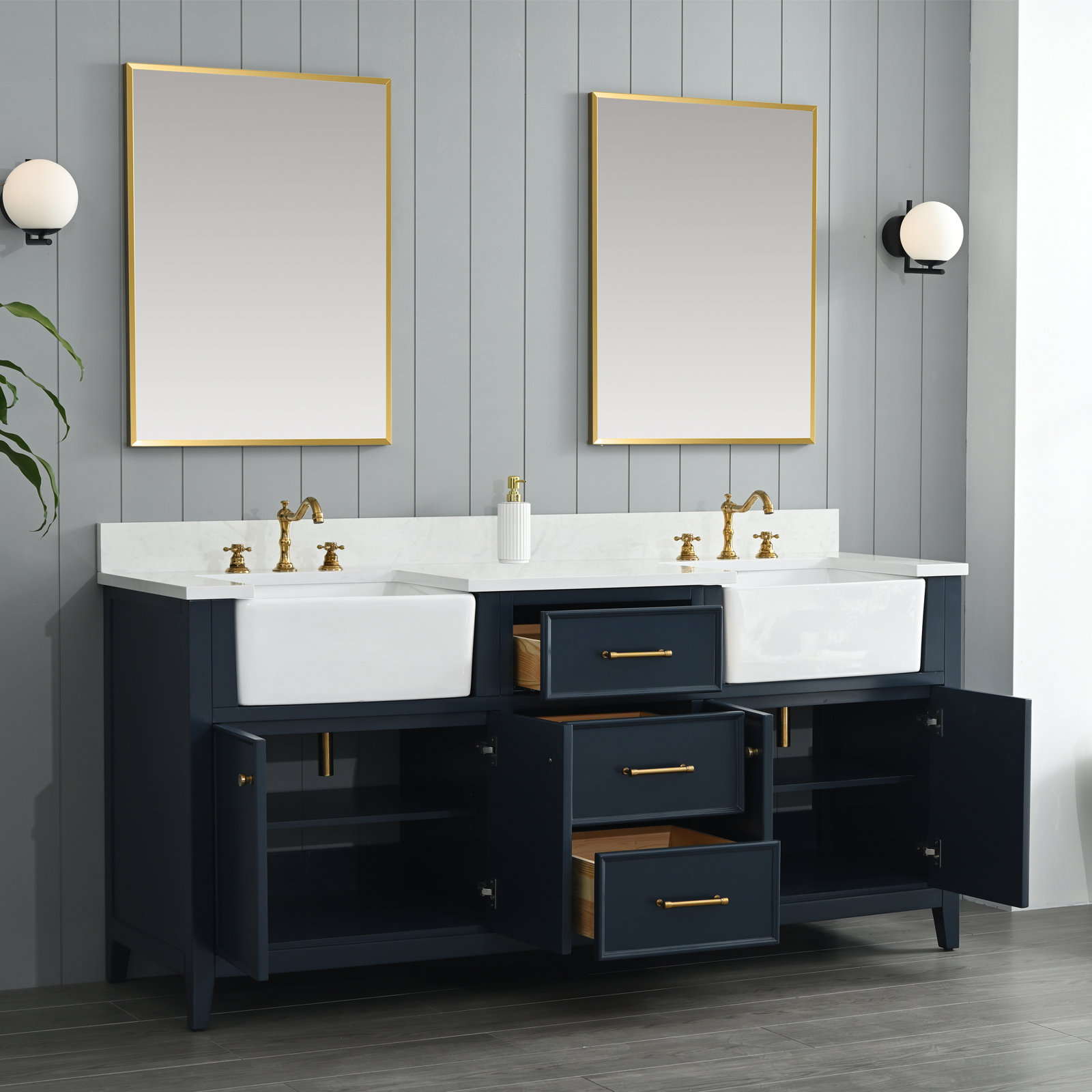 Aisa 72" Pine Double Bathroom Vanity, Indigo Blue/Brushed Gold