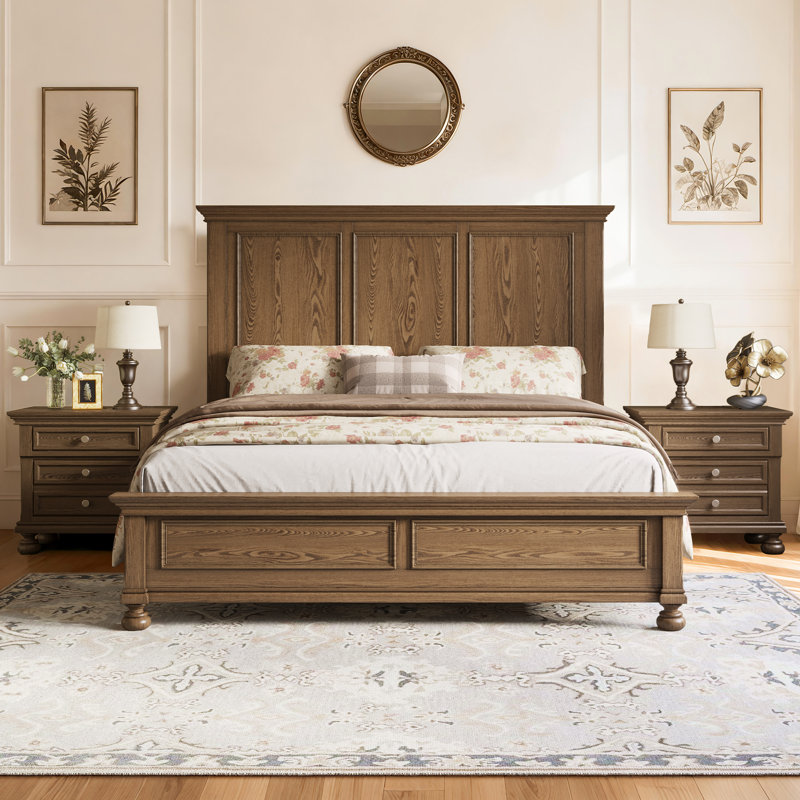 3-Piece Classic Solid Wood Bedroom Set,Includes 65" H King Size Bed And Two Nightstands,Light Brown - Light Brown, King