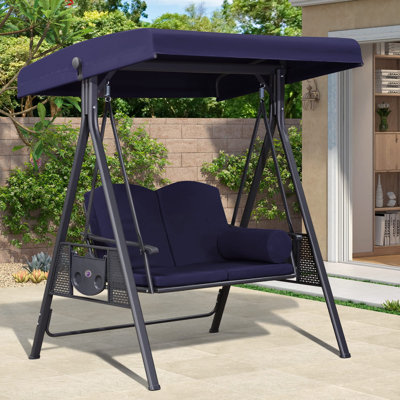 Balancelle de luxe à 3 places avec support et porte-gobelets, avec auvent et oreiller inclus, bleu marine Deluxe