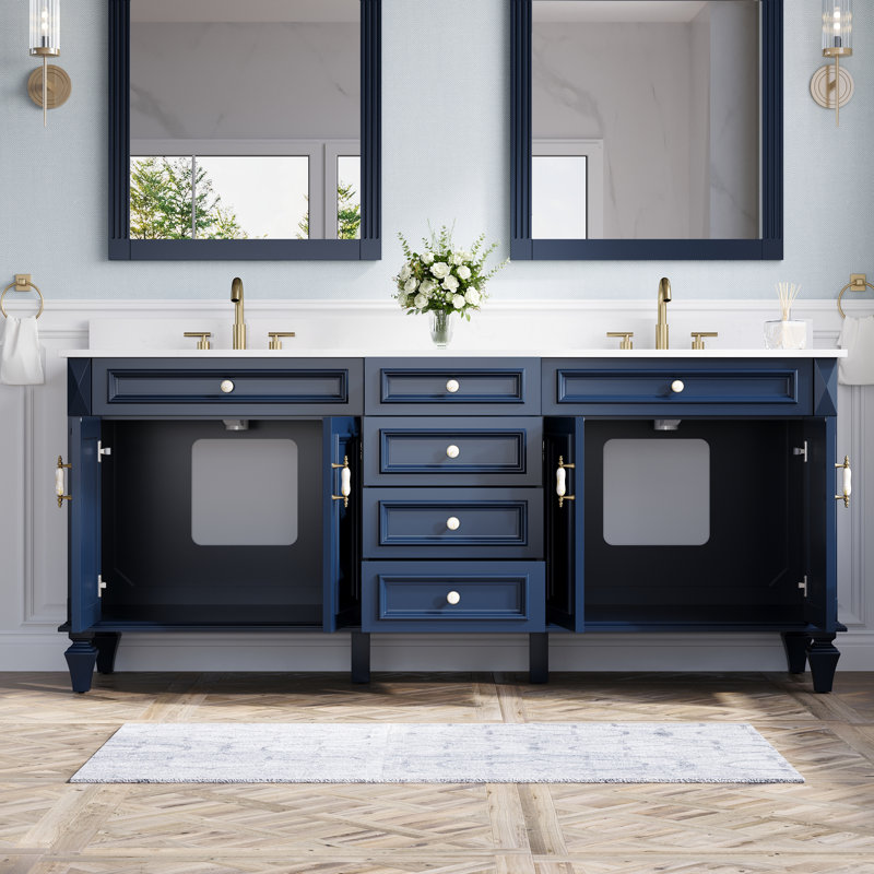 Meuble-lavabo Gamella 80 po L x 35 po H en bois massif, avec comptoir en quartz blanc de Carrare et double lavabo, bleu marine