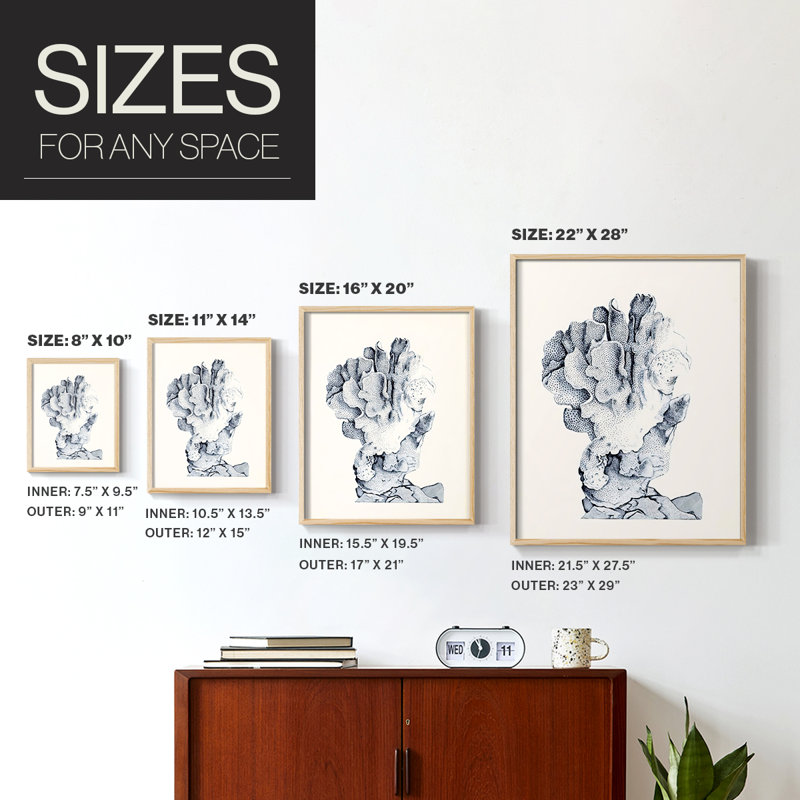 Bleu antique Coral IV, reproduction encadrée - bois massif, H 21 po x l 17 po