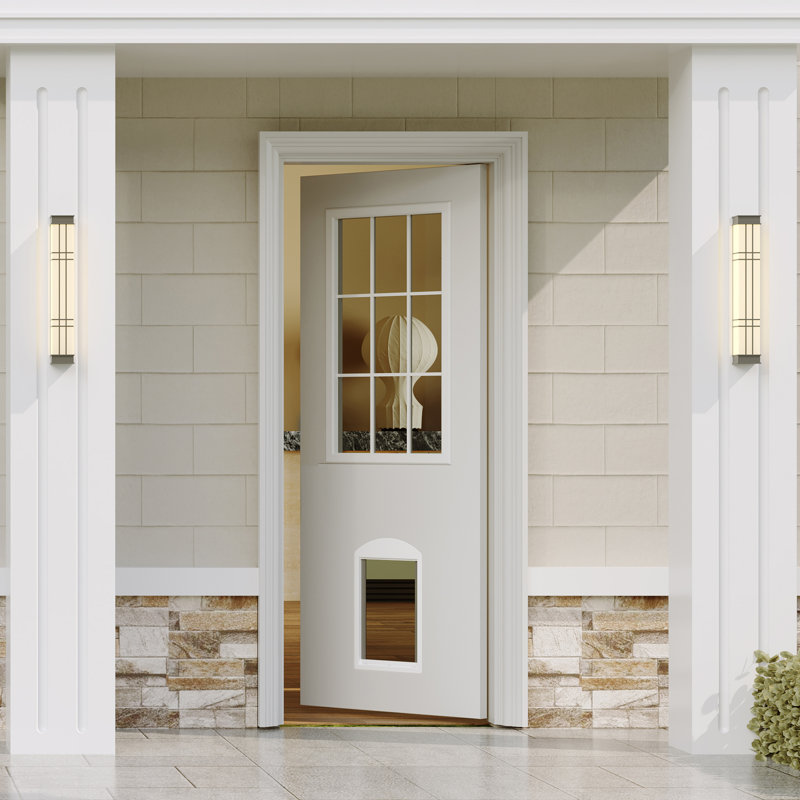 Porte d'entrée extérieure en bois massif blanc calme avec porte transparente pour chien en verre transparent 9-Lite et cadre magnétique ajustable, options gauche / droite