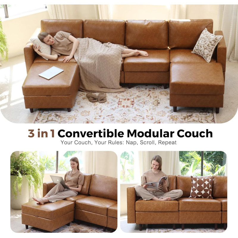 6-Piece 91.5'' Reversible Modern L-Shape Sectional Sofa With Storage Seat- Faux Leather Brown, Brown Faux Leather