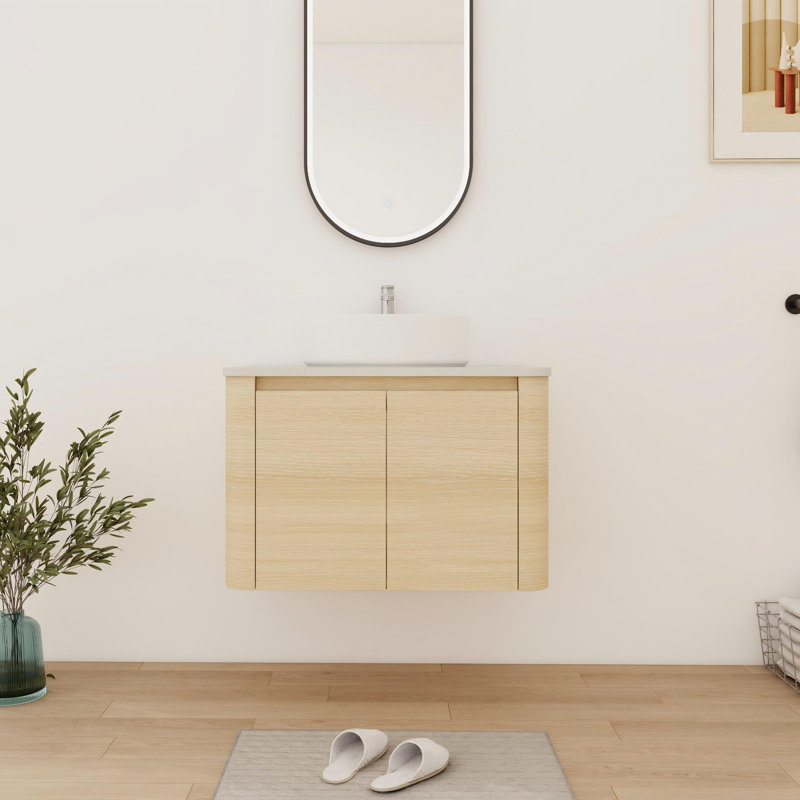 Meuble-lavabo flottant simple 30 po avec comptoir en céramique, Beige, 30", Blanc