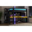 Lit mezzanine double avec bureau et garde-robe, structure de lit mezzanine avec DEL, USB intégré, noir et bleu