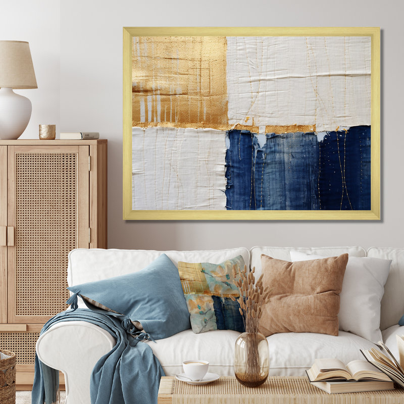 A Touch of Gold and Kings Blue - peinture abstraite, art mural, H 16 po x l 32 po x P 1 po, Encadrement doré