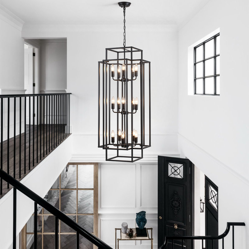 3-Tiers Large 15- Light Large Dimmable Farmhouse Lantern Square/Rectangle Chandelier, Matte Black