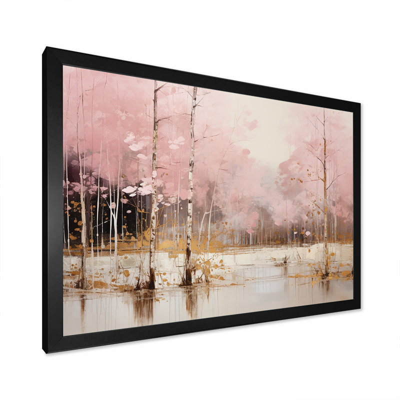 «Minimalisme rose et forêt dorée I», art sur toile, Cadre simple noir, H 16 po x l 32 po x P 1 po