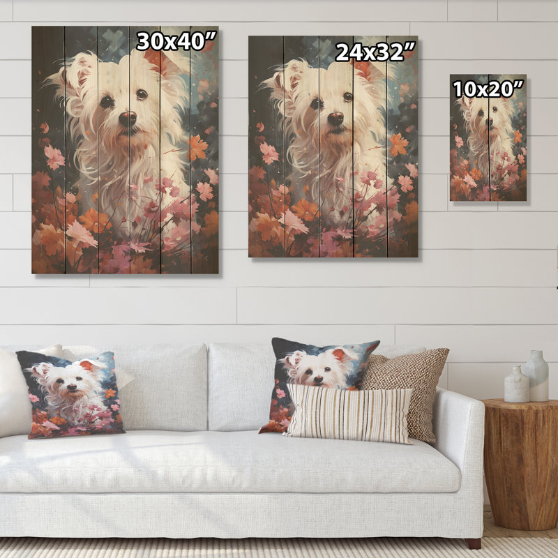 «Dog Maltese Magic I», art mural en bois sur bois de pin naturel, H 20 po x l 10 po