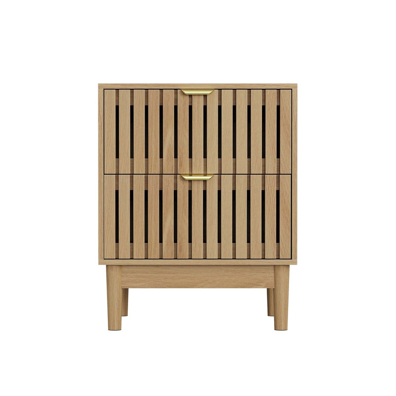 Mid-Modern Oak Bedside Table with Grille Design and Two Drawers