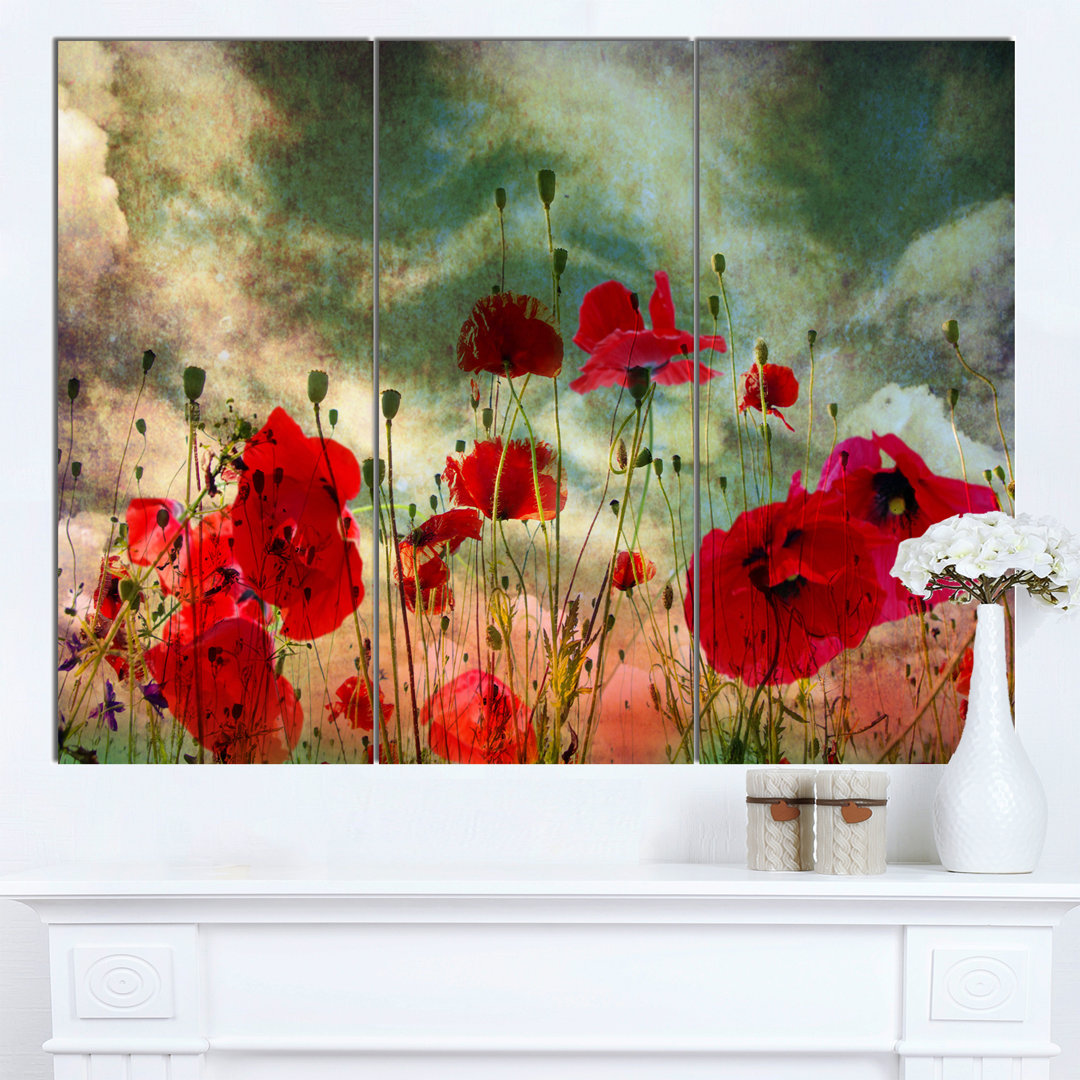 " Wild Red Poppy Flowers In Sky " 3 - Pieces Design Art