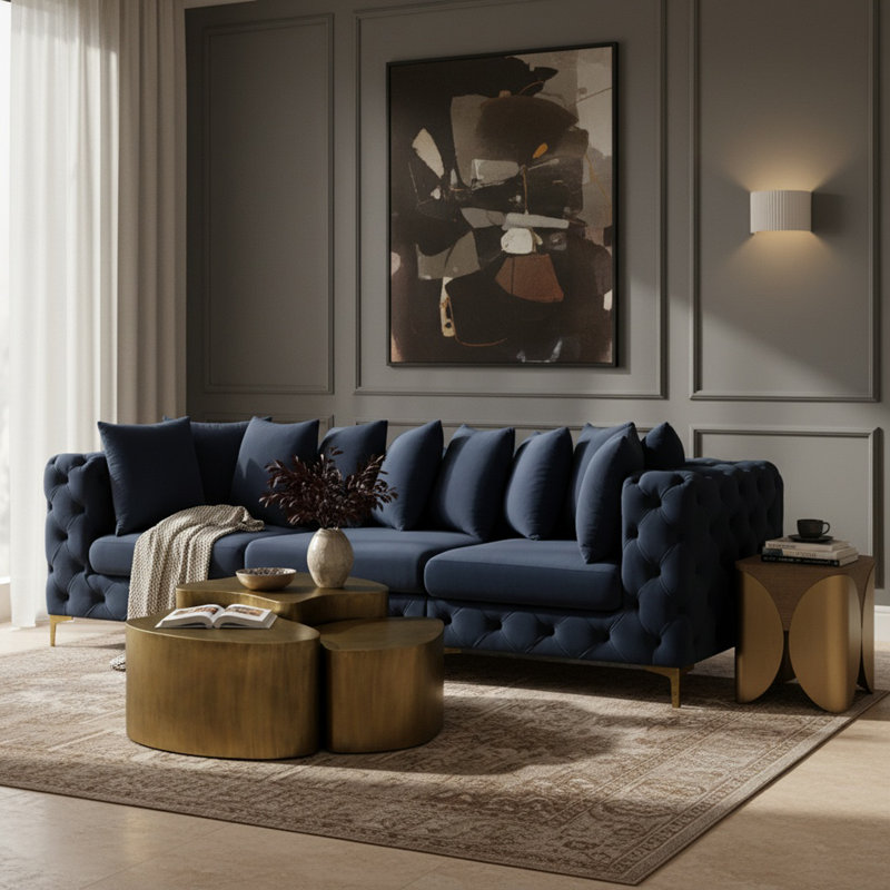 Tremblay 108" Velvet Square Arm Modular Sofa, Navy Velvet