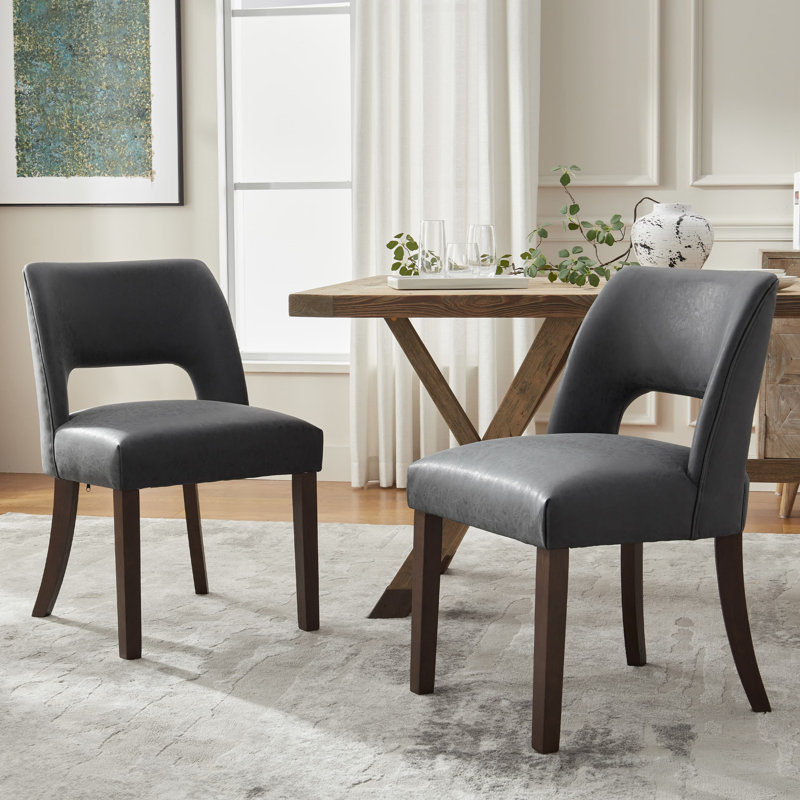 VKNOW Faux Leather Upholstered Dining Chairs Set of 2, High-Density Foam Cushion, Walnut Rubber Wood Legs for Dining Room, Bedroom, Black