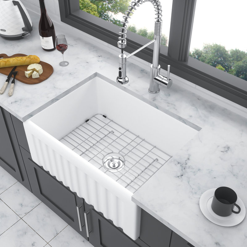 Évier en céramique blanche de 24 po à l'avant avec tablier, facile à entretenir pour la cuisine et le lavabo, simple, profond et élégant