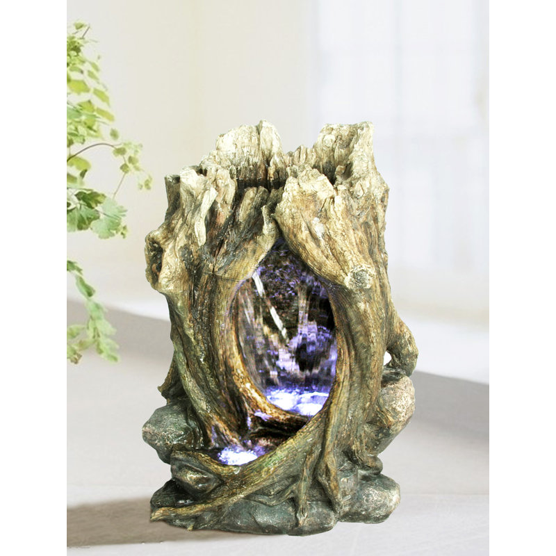 Rustic Brown Resin Tree Trunk Tabletop Fountain with LED Lights
