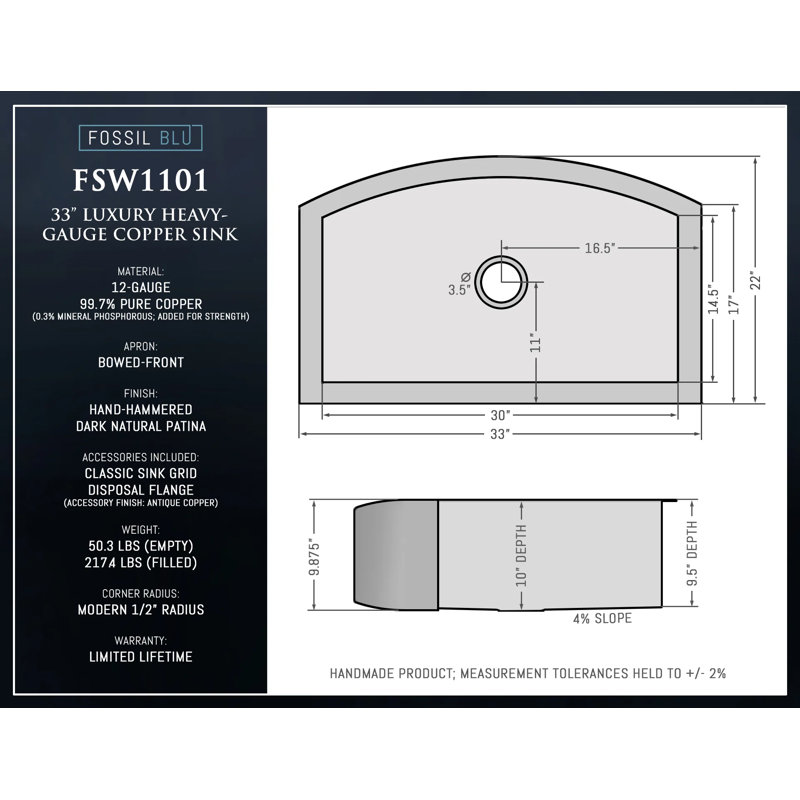 Luxury 33-Inch Heavy 12-Gauge Farmhouse Sink, Includes Accessories, Curved Front
