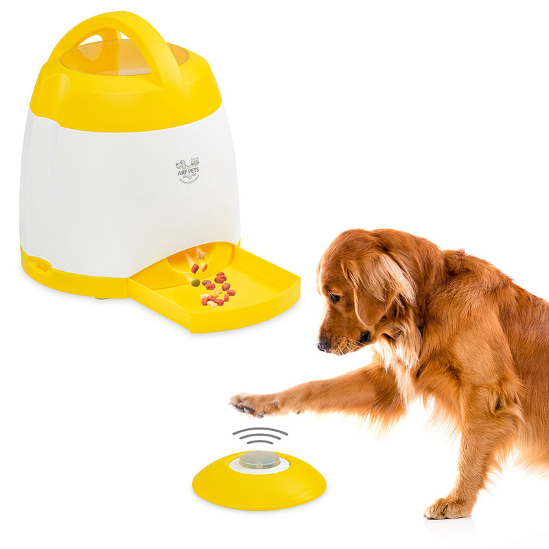 Yellow and White Dog Treat Dispenser with Remote Button