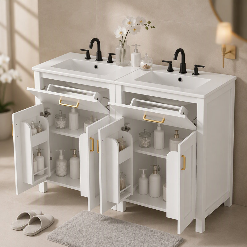 Meuble-lavabo moderne de 48 pouces avec lavabo en céramique, portes à fermeture en douceur, tiroir rabattable, tablettes de porte à double couche, solution de rangement élégante