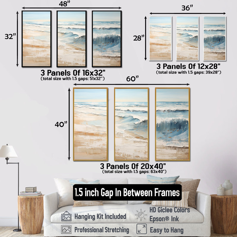 Golden and Blue Beach Tranquility I - ensemble d'art mural sur toile plage, Cadre flottant noir, H 28 po x l 36 po x P 1 po