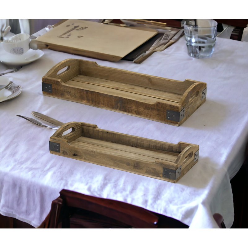 Set Of Two Brown Rectangular Solid Wood Serving Tray With Handles
