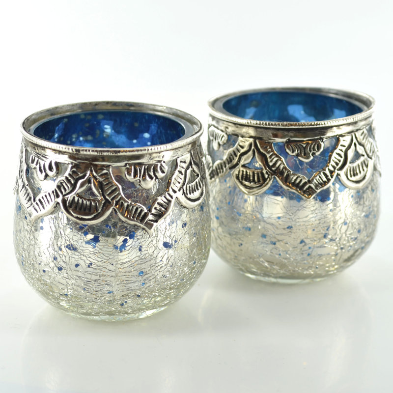 2 Piece Glass Tabletop / Centrepiece Votive Holder Set, Silver/Blue