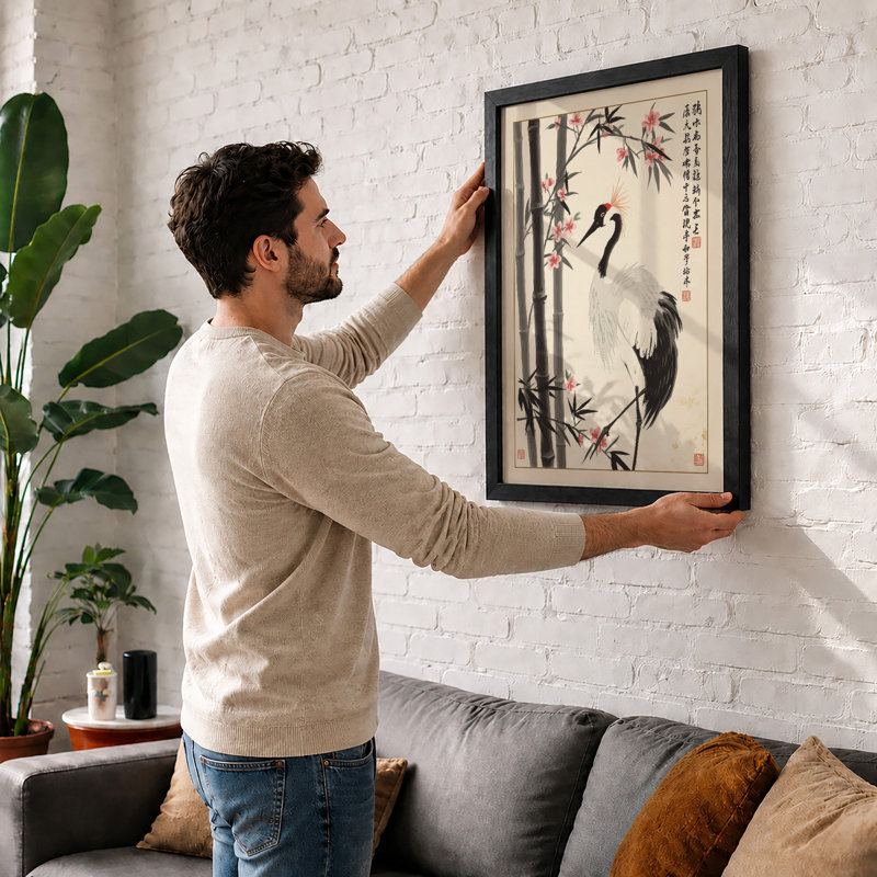 Crane Among Bamboo Japandi - Framed Print, Black, A4 - 29.7 x 21.0 cm