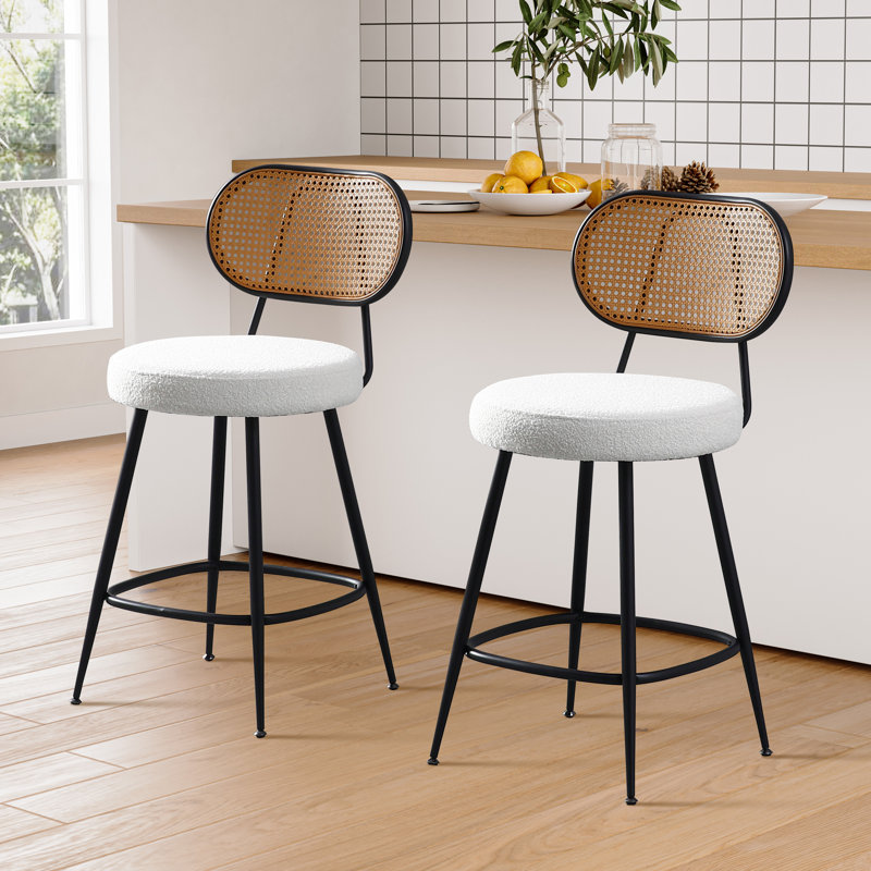 Tabouret de comptoir avec dossier en rotin, Beige, 2