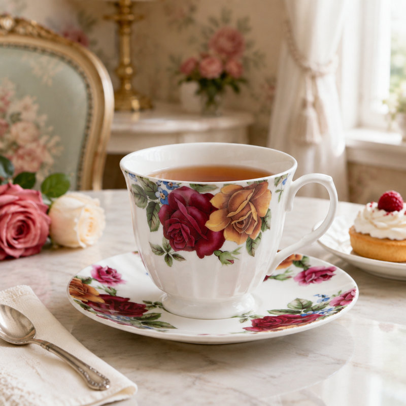 Tasses et soucoupes en porcelaine fine à décor Grand Rose Chintz, lot de 2