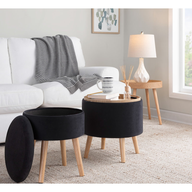 Borlow Upholstered Ottoman, Black Velvet