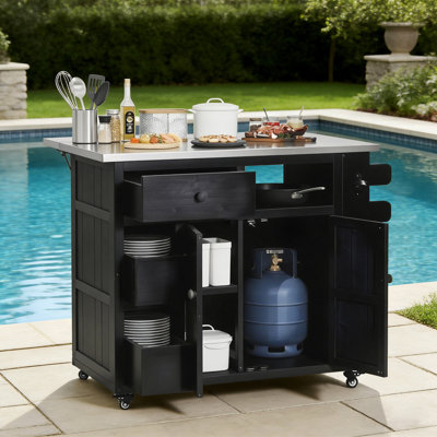 Extendable 41.9" Outdoor Kitchen Island With Stainless Steel Top And Side Spice Rack, Kitchen Cart With Drawers, Storage Cabinet
