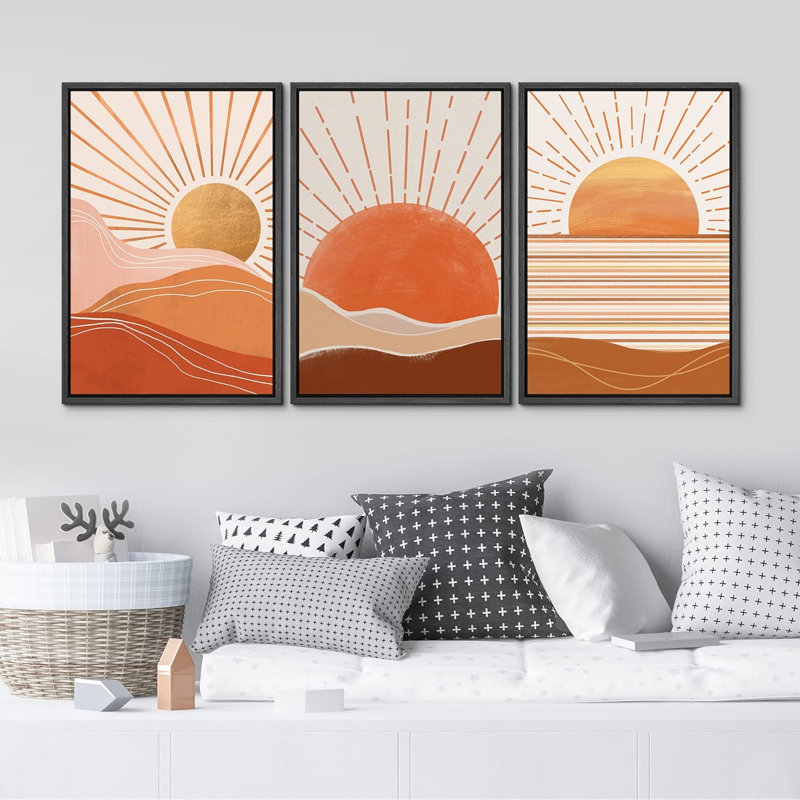 Soleil levant, orange brillant, vallée du désert, 3 pièces, Noir, H 36 po x l 24 po x P 1,5 po