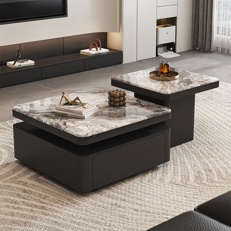 Table basse moderne en pierre micro-cristalline, H 14,6 po x L 31,5 po x l 31,5 po, Blanc / Gris