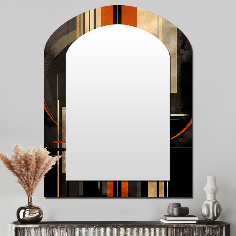 Orange And Grey Vectors I - Abstract Shapes Asymmetrical Mirror, Orange Arch Decorative Wall Mirror, Printed Metal Art
