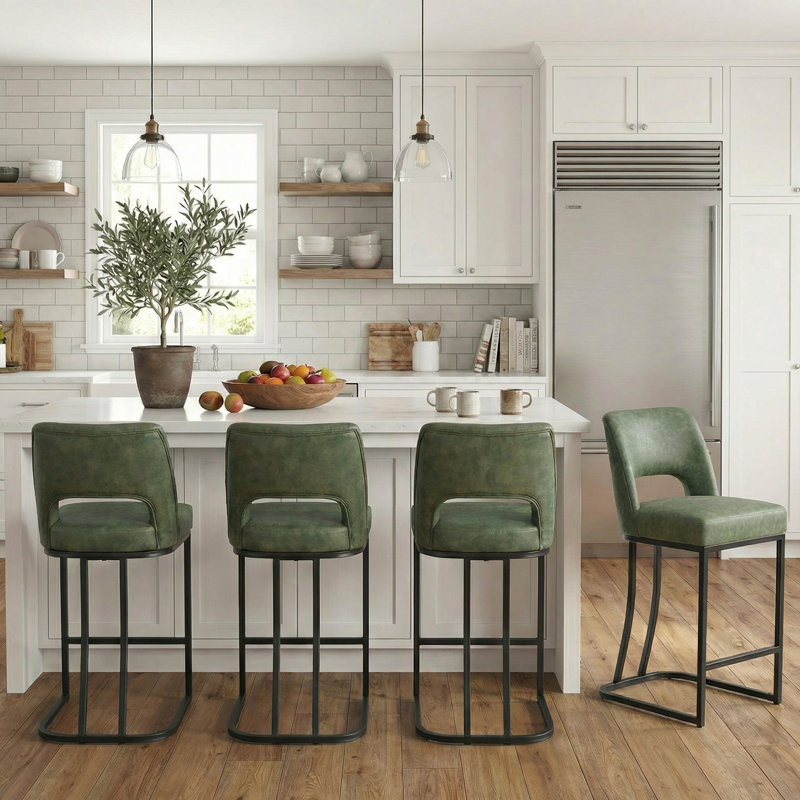 Modern Counter Height Barstools with Cutout Back, Comfy Faux Leather Kitchen Island Stool with Metal Frame, Set of 4, 4