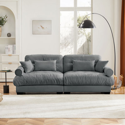 Large Size Modern Two-Seater Sofa With Bolstered Armrests,Velvet 2-Seater Sofa With Waist Pillows And Throw Pillows , Suitable For Living Room , Loft, Working Spaces , Hallway And Bedroom,Grey