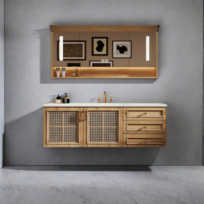 Retro-style rattan bathroom cabinet