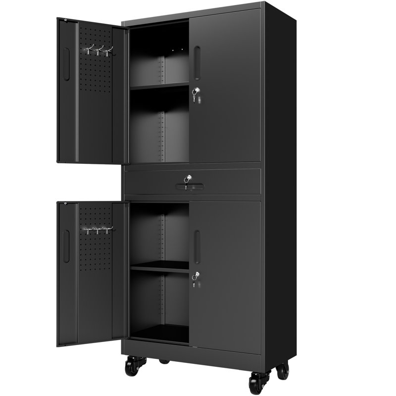 Metal Garage Storage Cabinet With Wheels, Rolling Lockable Tool Cabinet With 4 Door Lock And 2 Adjustable Shelves And 1 Drawer For Garage Home Office Utility Room - Black, Cabinet
