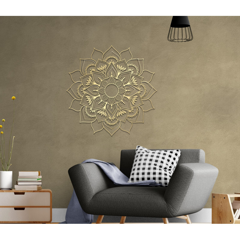 Metal Mandala Abstract Wall Hanging Decor, Creative Floral Metal Wall Art Home Decoration, 14" H x 14" W x 0.5" D, Matte Gold