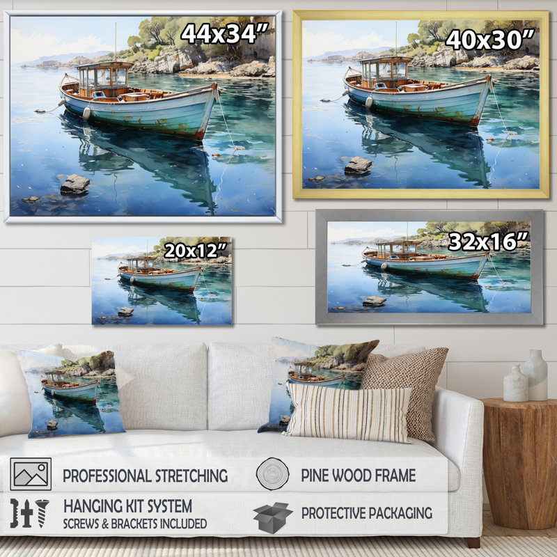 Bateau ancré III - impression, Cadre flottant brun, 24" H x 32" W