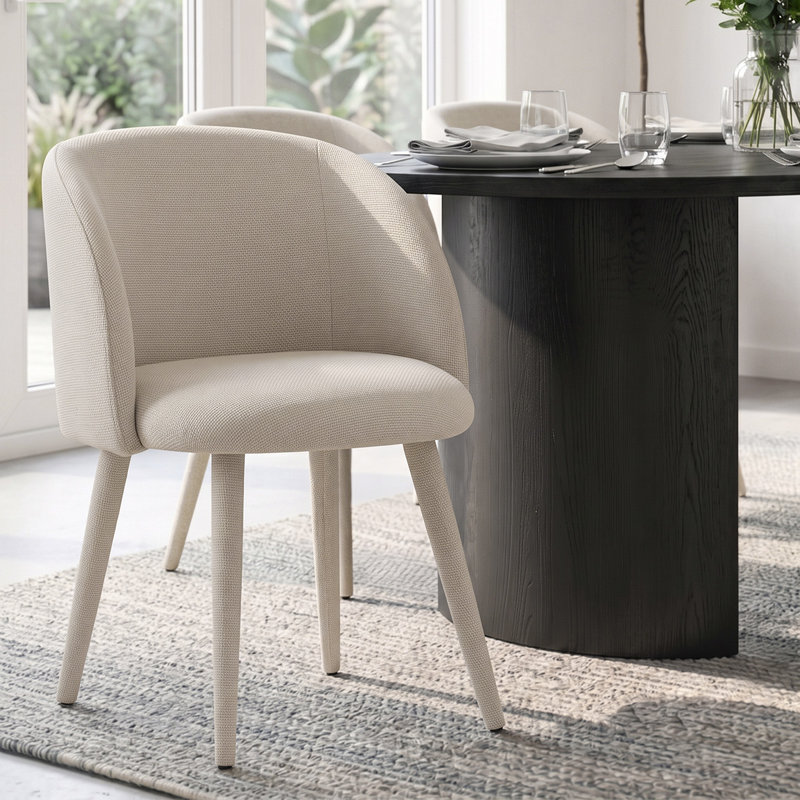 Ensemble de table de salle à manger moderne 7 pièces pour 6 personnes avec base à piédestal noir et 6 chaises de baril, Blanc