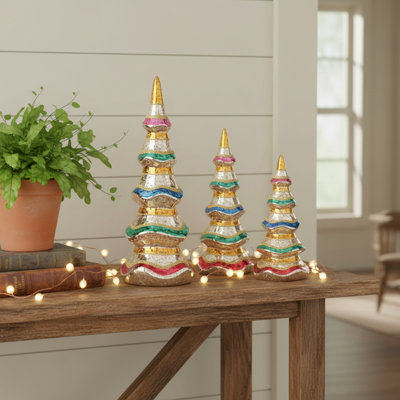 Set of Three Silver Gold Red And Green Mercury Glass Christmas Tree Sculptures