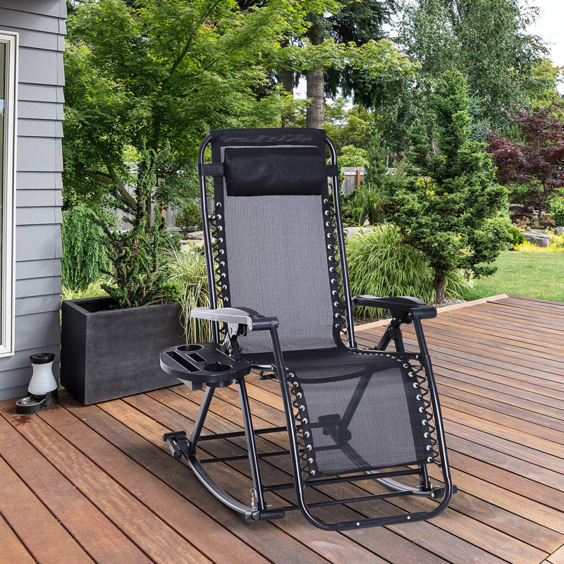 Chaise berçante pliable noire - Fauteuil d'extérieur Gravity avec plateau pour tasses et fente pour téléphone