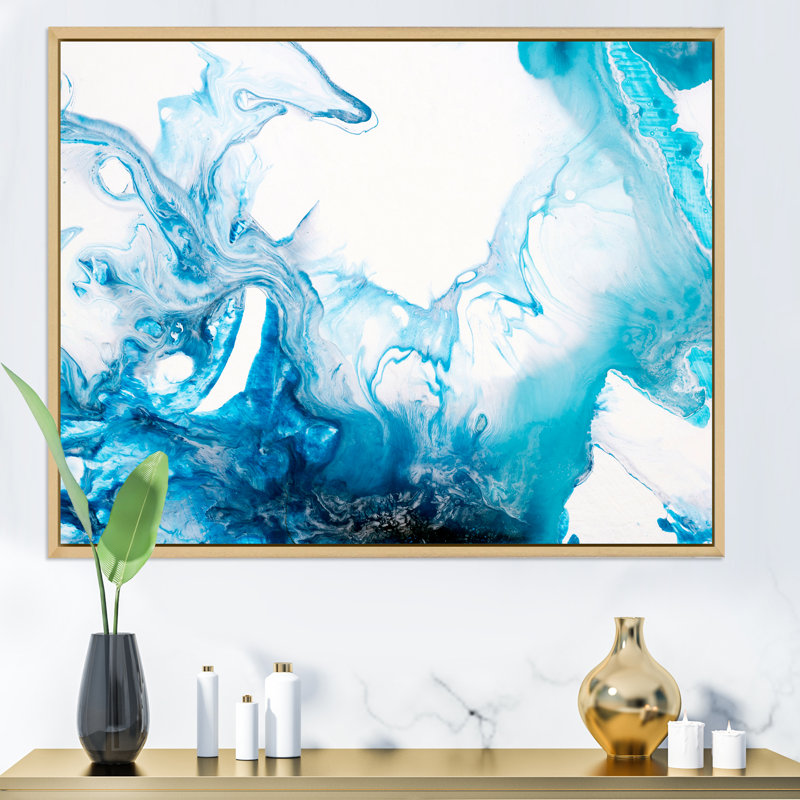 Encre bleu clair, art liquide I - impression sur toile, H 35 po x l 45 po x P 1,5 po, Cadre érable