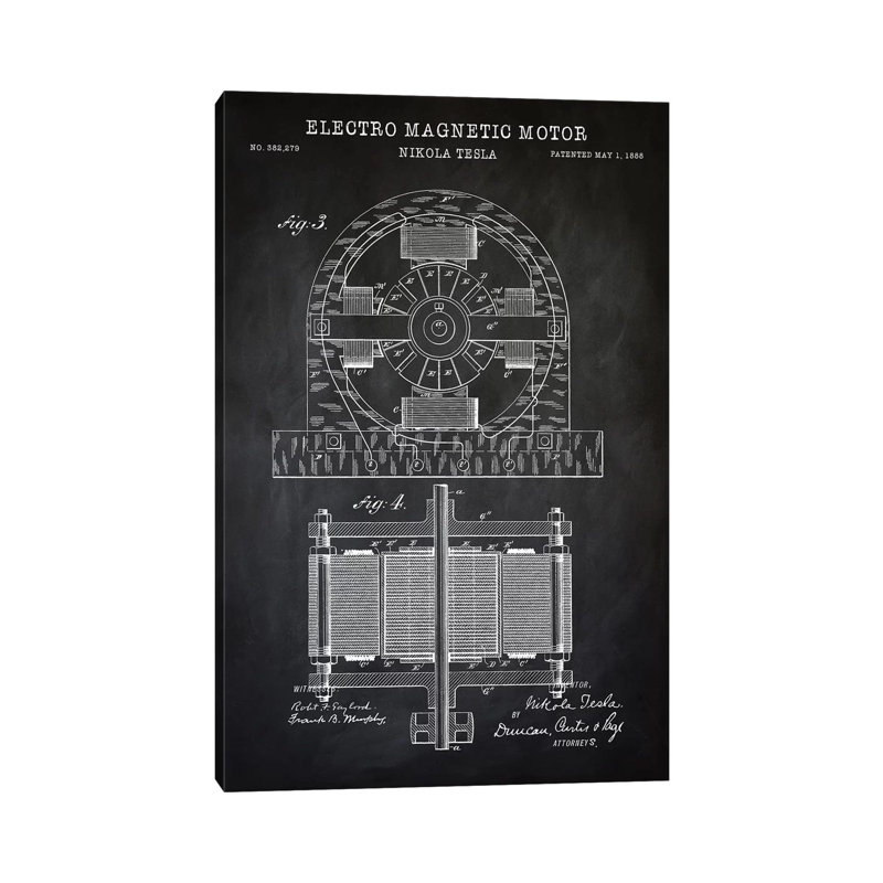 Tesla Electro Magnetic Motor, Black by PatentPrintStore - Wrapped Canvas Print, 101.6 cm H x 66.04 cm W x 3.175 cm D
