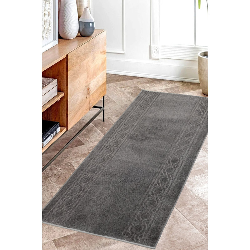 Trellis Border Gray Medium Pile Slip Resistant Runner Rugs, Runner 3' x 45'