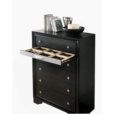 Contemporary Style Black Finish 1Pc Chest English Dovetail Drawers Hidden Jewellery Drawer Silver Knobs