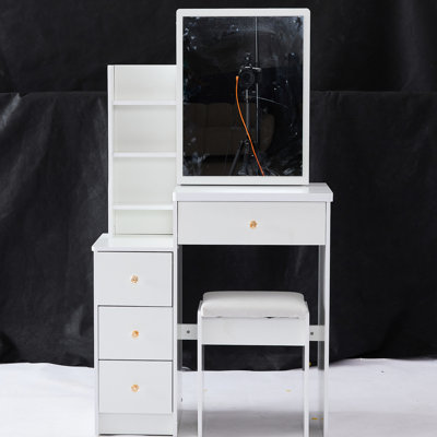 Petite table de coiffeuse gauche avec tabouret rembourré, très grand miroir, rangement multicouche, commode haute capacité pour les espaces restreints, meuble-lavabo compact blanc, tabouret et espaces coulissants élégants