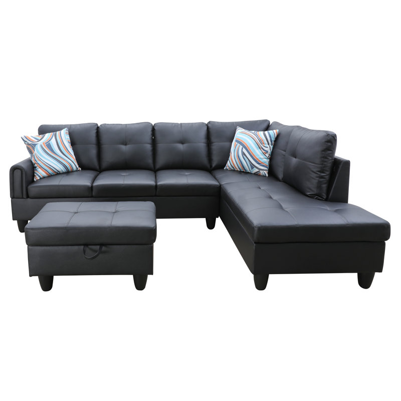 Canapé modulaire 3 pièces avec repose-pieds Jayzen, Orienté à droite, Similicuir noir, Noir, noir, noir, noir