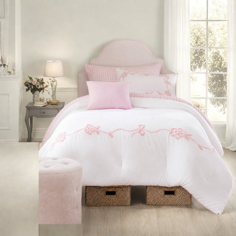 Pink Twin/Twin XL Bedding Sets, 4-Piece Microfiber Floral Bow Bedroom Set