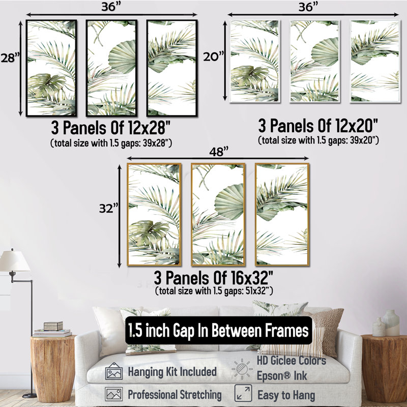 Motif tropical de S avec feuilles de noix de coco et Monstera - 3 pièces, impression sur toile, H 32 po x l 48 po, Blanc